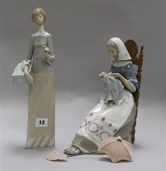 A Lladro figure of woman sewing and figure of girl with parasol Fig Insular Embroideress, number 4865 and Dressmaker, number 4700 (